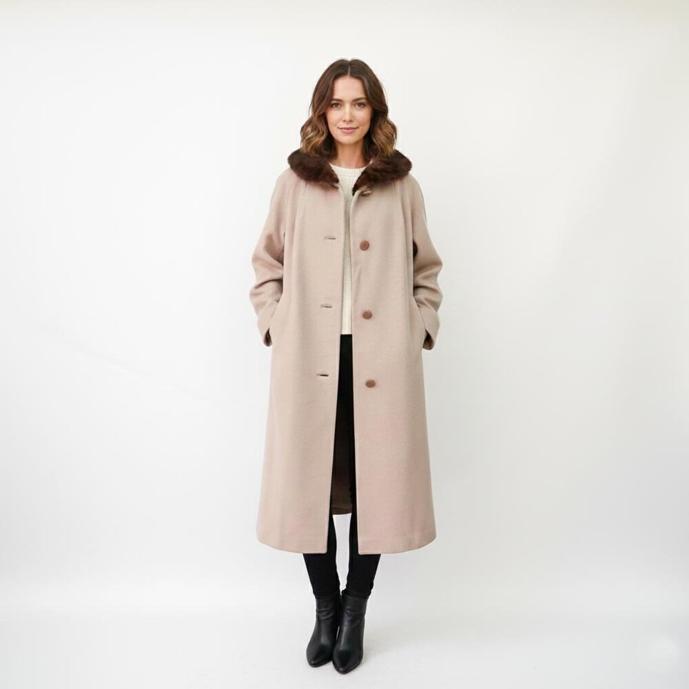 Vintage Beige Wool Long Coat MINK Fur Collar 1950s Size Medium
